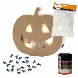Halloween decoraties maken: Halloween knutselsetje pompoen met licht en spinnenrag