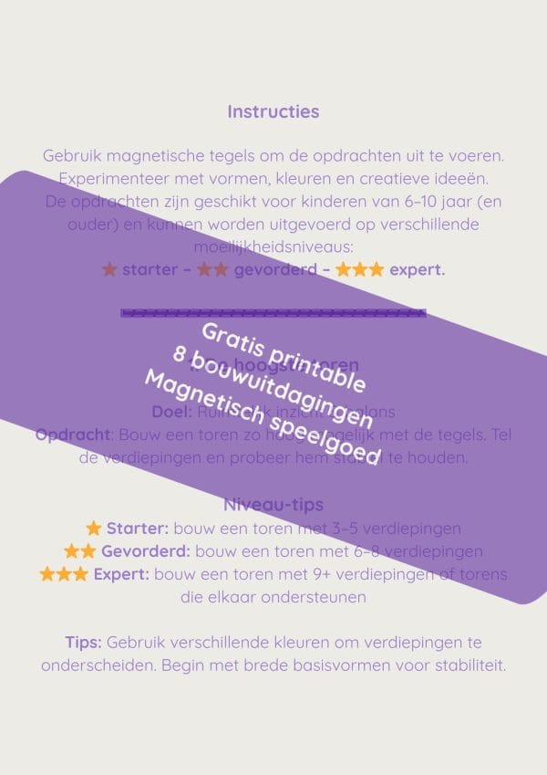 Gratis printable 8 bouwuitdagingen voor spelend leren met magnetisch speelgoed
