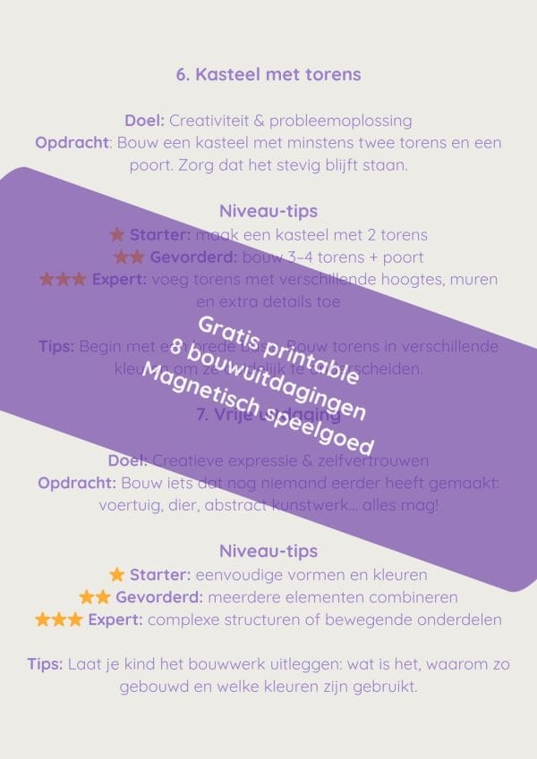 Gratis printable 8 bouwuitdagingen voor spelend leren met magnetisch speelgoed