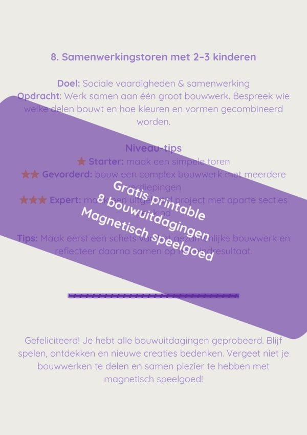 Gratis printable 8 bouwuitdagingen voor spelend leren met magnetisch speelgoed